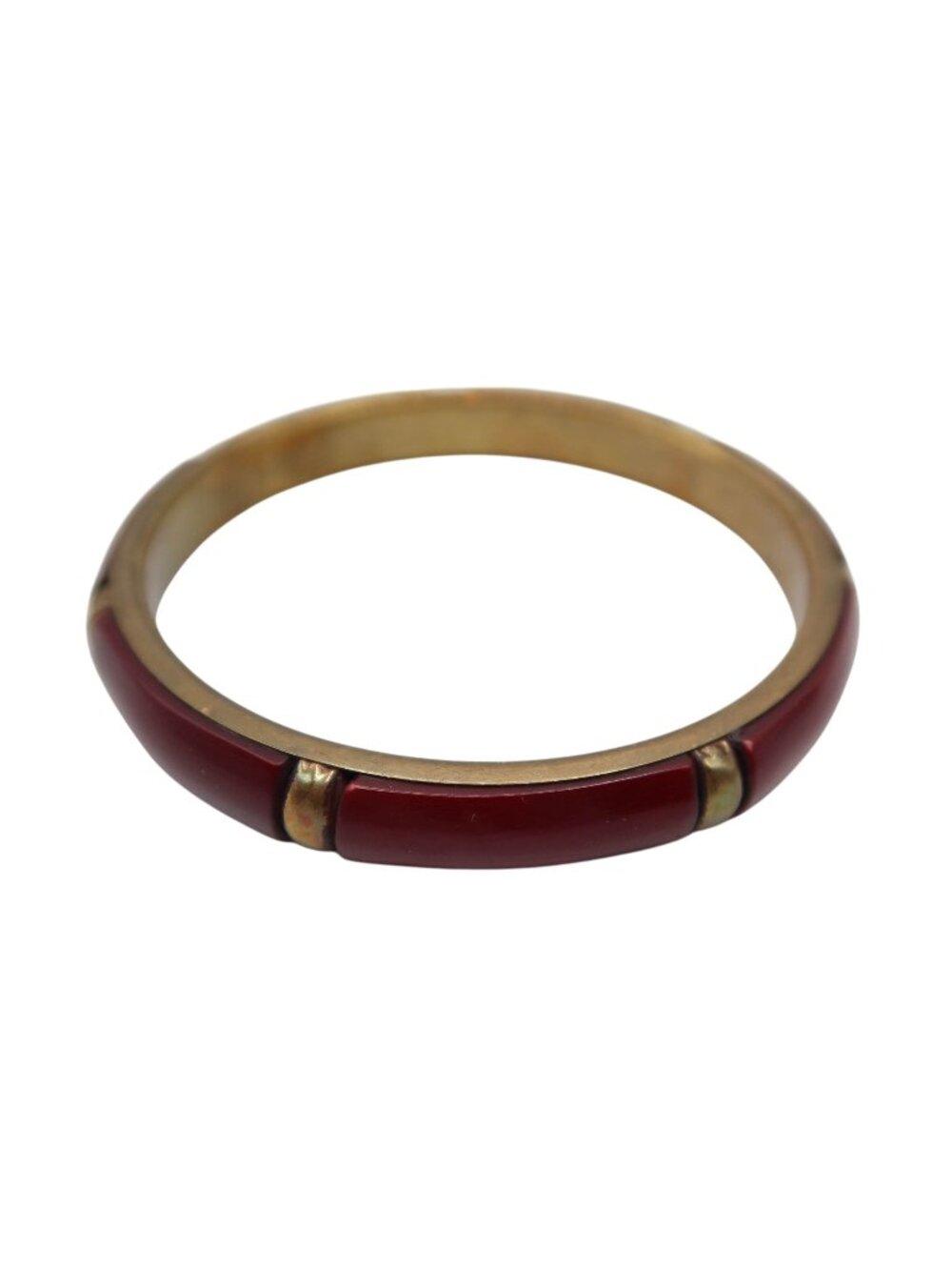Vintage Brass & Burgundy Enamel Bangle Slip On Bracelet Casual 8" Unsigned